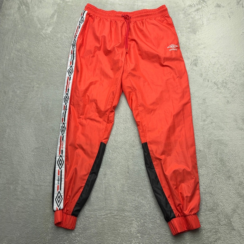 Umbro Track Pants Mens M Red Logo Tape Side Stripe Windbreaker Joggers